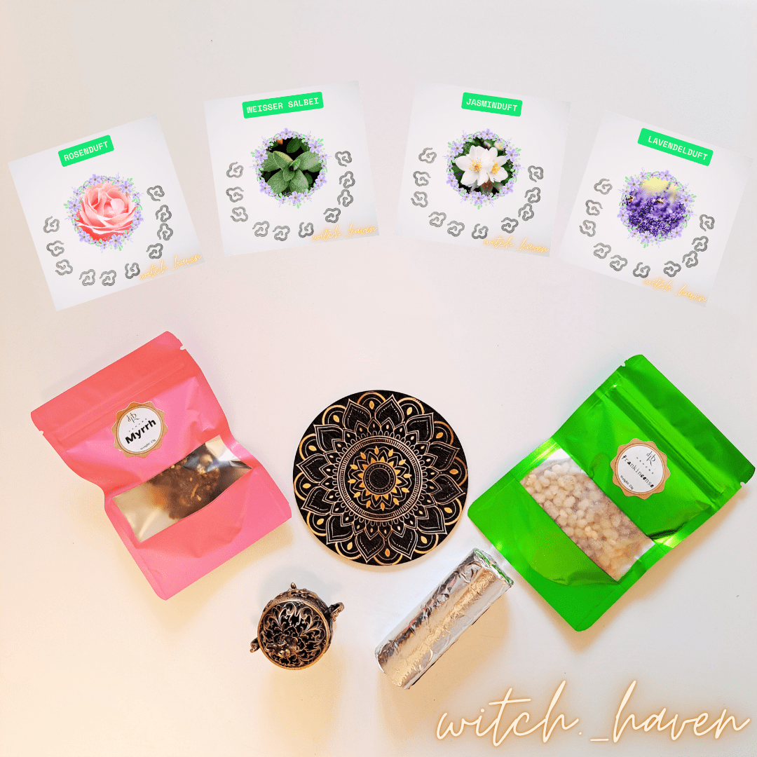 Witchhaven, Dominika Marx, Räucherset mit Elefantenbrenner, Somalia Weihrauch, reine Myrrhe, Lavendel und Salbei Räucherstäbchen, Mandala Untersetzer, energetisch gereinigtes Räucherwerk, spirituelles Ritualset