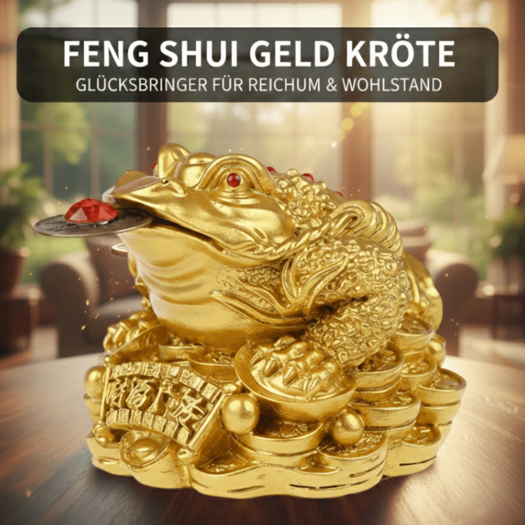 Witchhaven, Dominika Marx, goldene Feng Shui Geldkröte auf einem Haufen Goldmünzen mit roter Verzierung, dreibeiniger Geldfrosch mit chinesischer Münze im Maul, spiritueller Glücksbringer für Wohlstand und Reichtum, energetisch gereinigte Chan Chu Figur