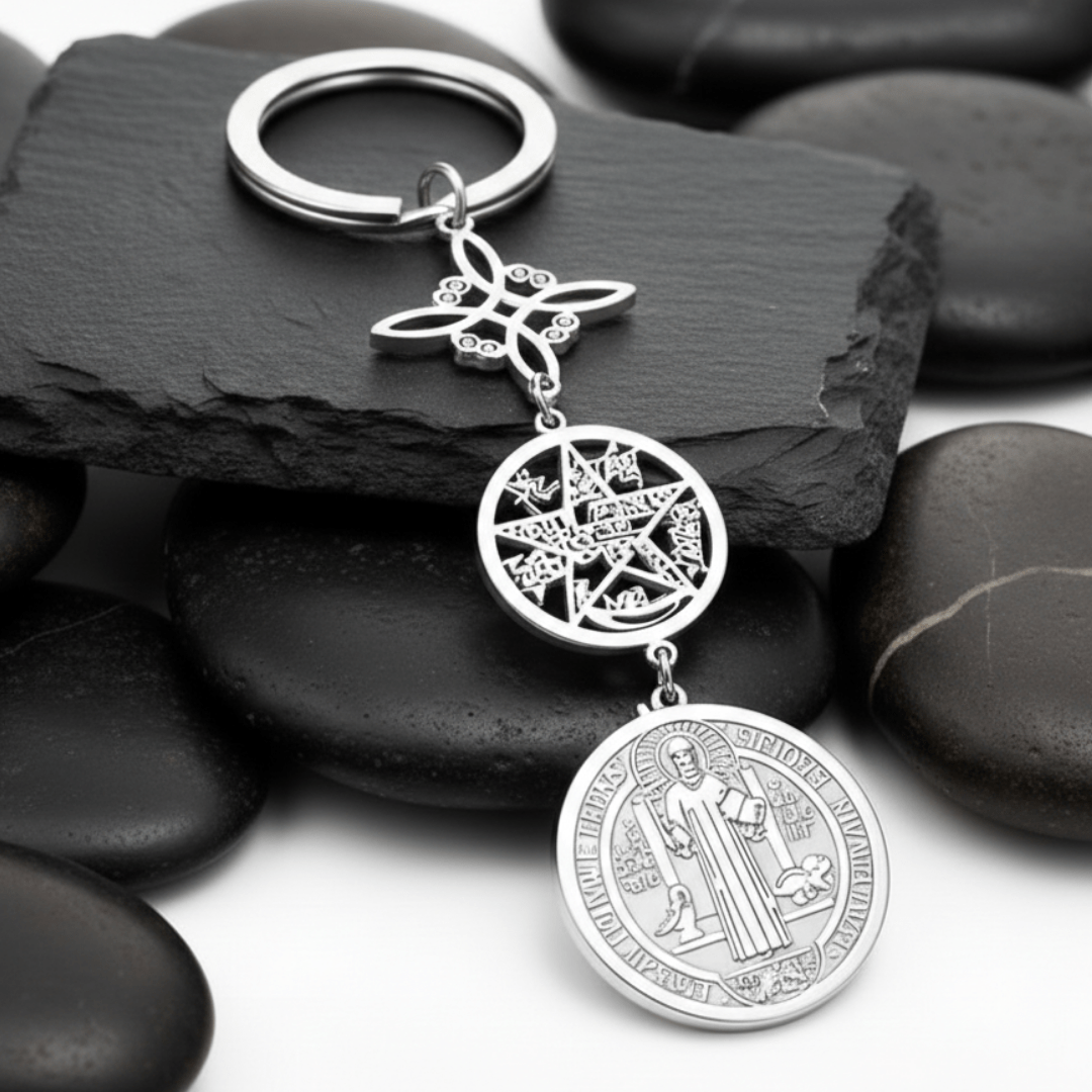 Witchhaven, Dominika Marx, Triple Protection Schlüsselanhänger aus massivem Edelstahl, Schutzsymbole Hexenknoten Pentagramm und Benediktus Medaille, spiritueller Begleiter für das Auto und Zuhause, energetisch gereinigter Schlüsselanhänger gegen negative Energien