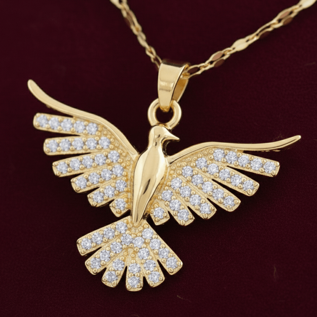 Witchhaven, Dominika Marx, elegante Phönix Halskette mit 14 Karat Gold-Veredelung und Zirkonia Steinen, spiritueller Schmuck für Transformation und Neubeginn, energetisch gereinigter Anhänger Krafttier Phönix, luxuriöse Gliederkette Gold