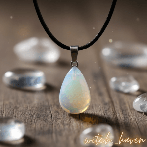 Witchhaven, Dominika Marx, Mondstein Halskette mit Tropfenanhänger, natürlicher schimmernder Mondstein, spiritueller Damenschmuck, energetisch gereinigte Edelsteinkette, Schmuck für Intuition und Weiblichkeit