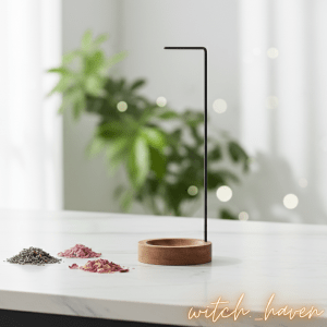 Witchhaven, Dominika Marx, Holz Räucherständer handgefertigt, umgedrehtes Design für Räucherstäbchen, moderne Räucherdeko, energetisch gereinigter Holzständer, Halter für Weihrauchstäbchen, spirituelles Wohnaccessoire