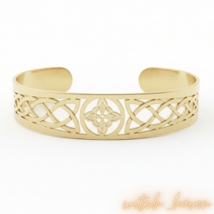 Witchhaven, Dominika Marx, Goldenes Hexenknoten Armband aus Edelstahl, keltischer Schutzarmreif goldfarben, spiritueller Schmuck aus Irland, energetisch gereinigtes Amulett, verstellbares goldenes Cuff Armband