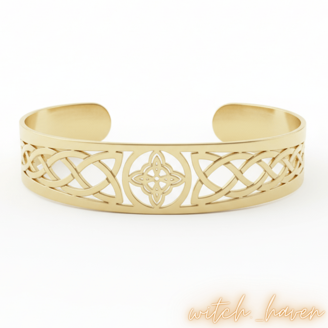 Witchhaven, Dominika Marx, Goldenes Hexenknoten Armband aus Edelstahl, keltischer Schutzarmreif goldfarben, spiritueller Schmuck aus Irland, energetisch gereinigtes Amulett, verstellbares goldenes Cuff Armband