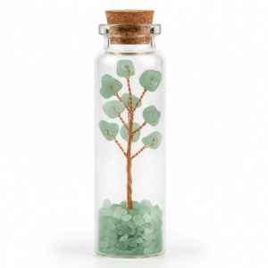 Witchhaven, Dominika Marx, Wunschflasche mit Aventurin und Kupferdrahtbaum, handgefertigte Kristallflasche mit grünen Edelsteinen, spirituelles Geschenk für Erfolg und Fülle, energetisch gereinigter Aventurin, magische Wunschflasche