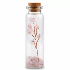 Witchhaven, Dominika Marx, Wunschflasche mit Rosenquarz und Kristallbaum, handgefertigte Kristallflasche mit rosa Edelsteinen, spirituelles Geschenk für Liebe und Harmonie, energetisch gereinigter Rosenquarz, magische Wunschflasche
