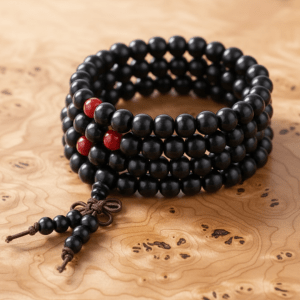 Witchhaven, Dominika Marx, Mala Meditationskette 108 Perlen aus Ebenholz, handgefertigte buddhistische Gebetskette, spiritueller Holzschmuck für Fokus und Erdung, energetisch gereinigte Mala Kette