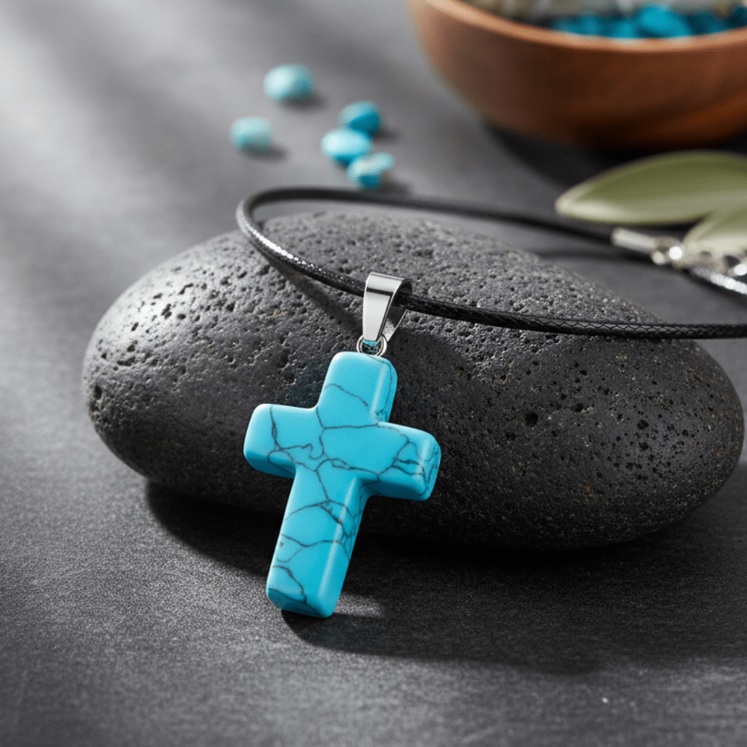 Witchhaven, Dominika Marx, Türkis Kreuz Anhänger aus Naturstein, blaue Edelstein Halskette mit Kreuzsymbol, spiritueller Schutzschmuck, energetisch gereinigter Türkis Schmuck