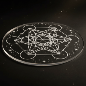 Witchhaven, Dominika Marx, hexagonales Chakra Kristallgitter Tablett aus Acryl, Metatrons Würfel Gravur mit Chakrasymbolen, spirituelle Basis für Heilsteine und Kristallgitter, energetisch gereinigtes Altarzubehör