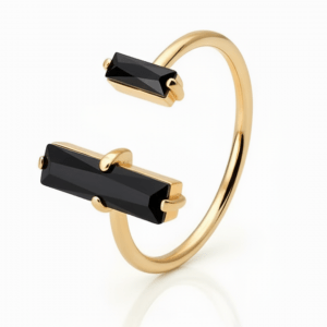 Witchhaven, Dominika Marx, goldener Obsidian Ring im Doppelbarren Design, verstellbarer Schutzschmuck mit schwarzen Obsidian Steinen, spiritueller Ring für Reiki und Erdung, energetisch gereinigter Obsidian Schmuck