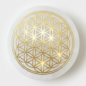 Witchhaven, Dominika Marx, runde Selenit Ladeplatte mit goldener Blume des Lebens Gravur, polierter Selenitstein zur Reinigung und Aufladung von Kristallen, spirituelles Zubehör für Altar und Meditation, energetisch gereinigter Selenit