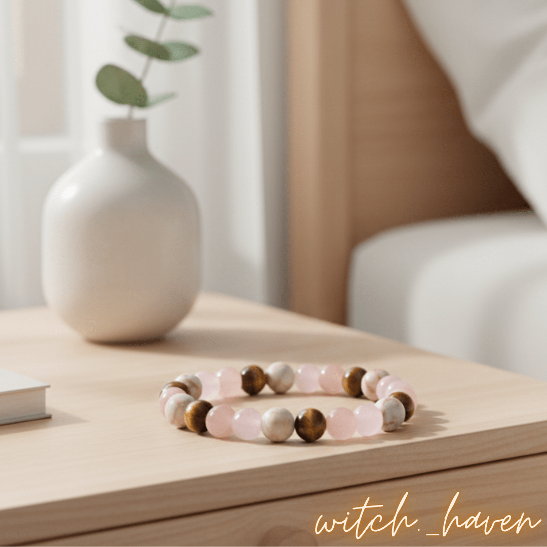 Witchhaven, Dominika Marx, handgefertigtes Anti Angst Armband aus Tigerauge Rosenquarz und Magnesit Perlen, spiritueller Schmuck für mentale Balance und Schutz, energetisch gereinigtes Edelstein Armband gegen innere Unruhe, elastisches Unikat für Zuversicht