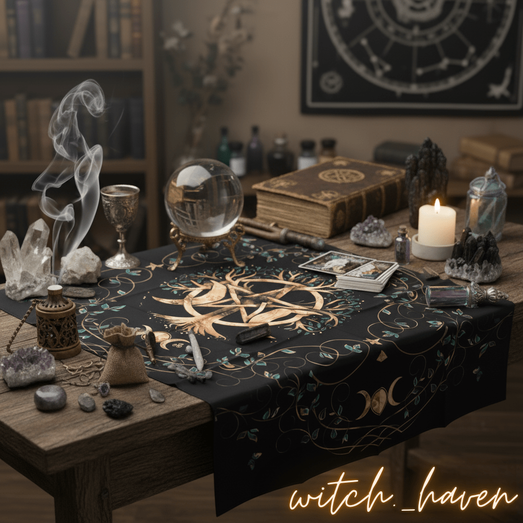 Witchhaven, Dominika Marx, Magisches Altartuch mit Baum des Lebens, Pentagramm und Dreifacher Göttin, schwarzes Tuch mit goldenen Symbolen, energetisch gereinigte Ritualunterlage, spirituelle Tischdecke für Tarot