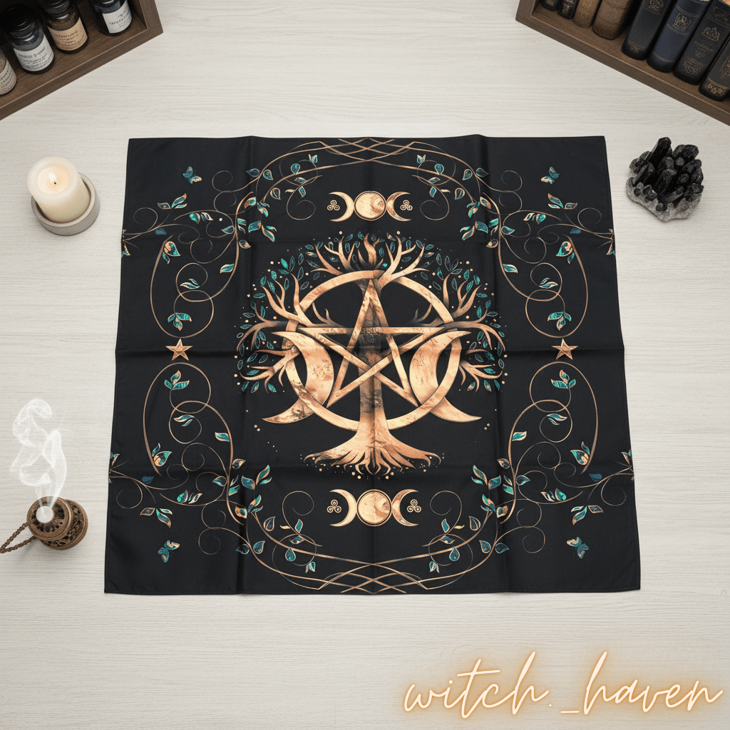 Witchhaven, Dominika Marx, Magisches Altartuch mit Baum des Lebens, Pentagramm und Dreifacher Göttin, schwarzes Tuch mit goldenen Symbolen, energetisch gereinigte Ritualunterlage, spirituelle Tischdecke für Tarot