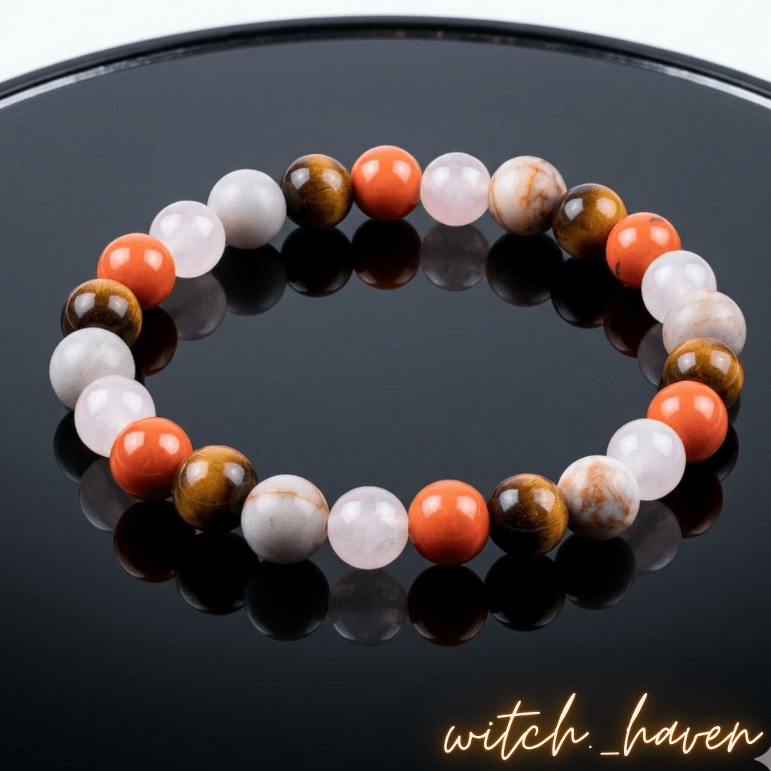 Witchhaven, Dominika Marx, handgefertigtes Anti Angst Armband aus Tigerauge Rosenquarz und Magnesit Perlen, spiritueller Schmuck für mentale Balance und Schutz, energetisch gereinigtes Edelstein Armband gegen innere Unruhe, elastisches Unikat für Zuversicht