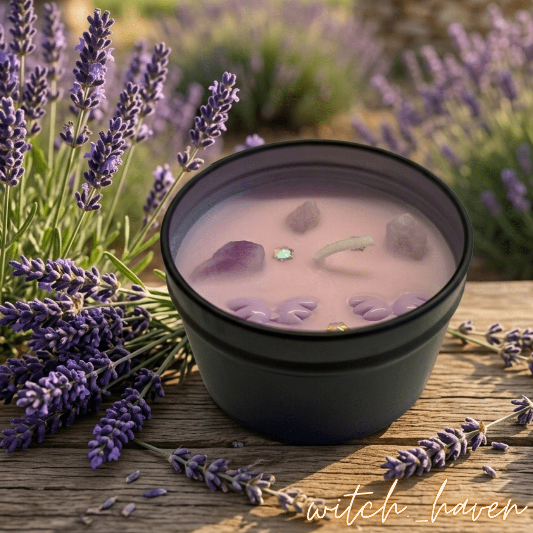 Lavendel Duftkerze Sojawachs mit echten Amethyst Edelsteinen Dominika Marx, handgemachte schwarze Dose mit beruhigendem Lavendelduft, spiritueller Begleiter Raumharmonisierung Witchhaven, handgegossene vegane Kerze Altar Dekoration, rituelles Reinigungsritual Amethyst Edelsteinkerze, Heilsteine für inneren Frieden sowie tiefe Entspannung, exklusives Design magische Dekoration lila schwarz