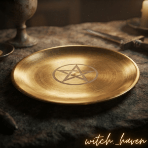 Witchhaven, Dominika Marx, Goldener Altarteller mit Pentagramm Gravur, Zeremonienplatte aus vergoldetem Edelstahl, spiritueller Kerzenuntersetzer, energetisch gereinigter Altarschmuck, Pentagramm Schutzsymbol, magisches Werkzeug