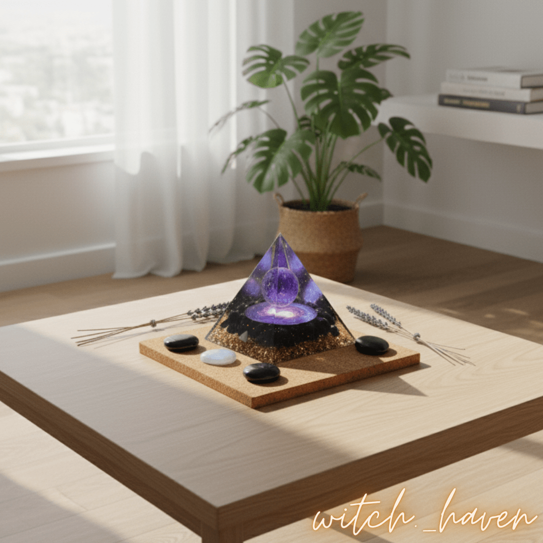 Witchhaven, Dominika Marx, Orgon Pyramide, Amethyst Obsidian Kristall, energetischer Schutz, spirituelle Raumharmonisierung, Orgonit Generator, heilige Geometrie