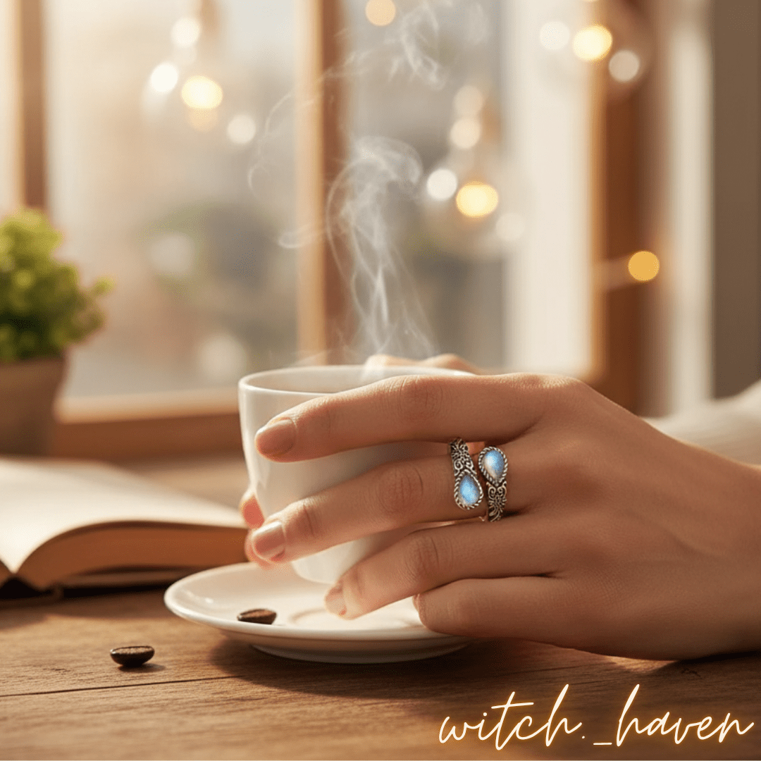 Witchhaven, Dominika Marx, Mondstein Ring 925 Silber, verstellbarer Silberring mit zwei Mondsteinen, Vintage Blütenmuster Schmuck, energetisch gereinigter Edelsteinring, spirituelles Geschenk für Frauen