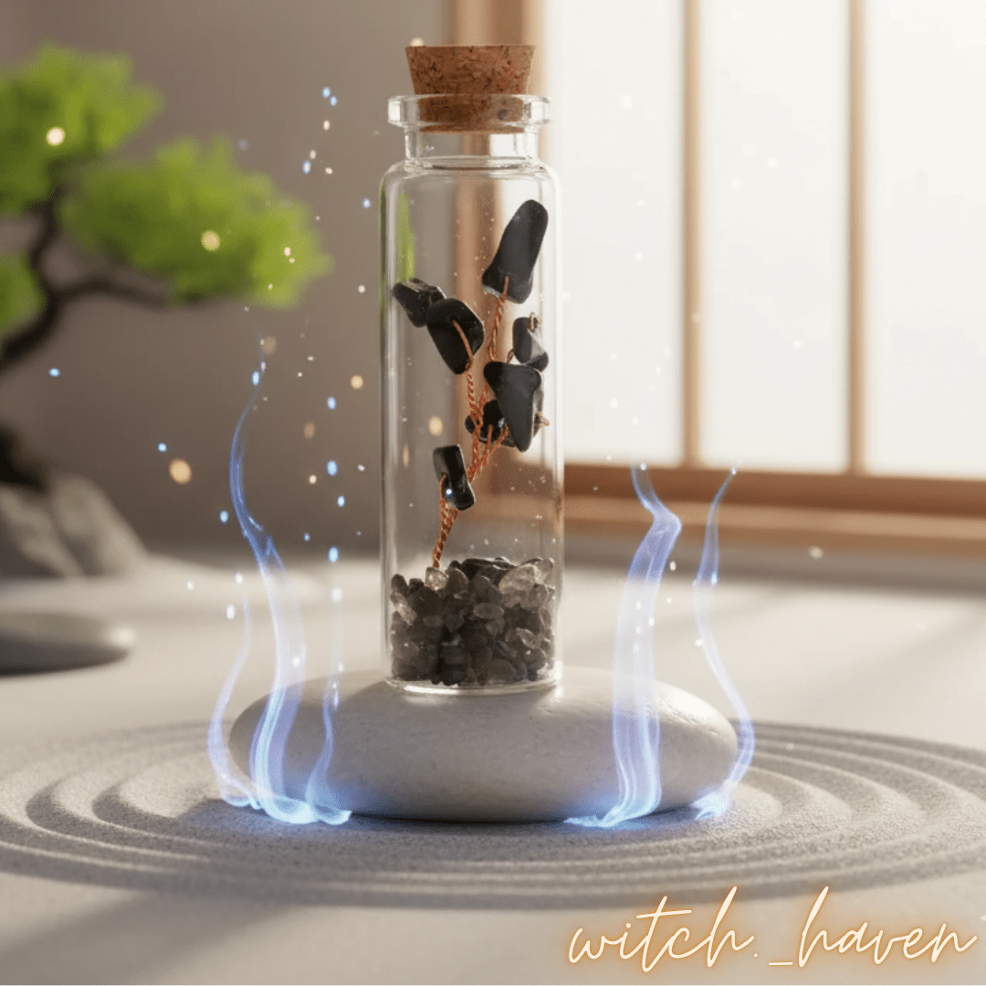 Witchhaven, Dominika Marx, Wunschflasche mit Obsidian und Kupferdrahtbaum, handgefertigte Kristallflasche mit schwarzen Edelsteinen, spirituelles Geschenk für Schutz und Erdung, energetisch gereinigter Obsidian, magische Wunschflasche