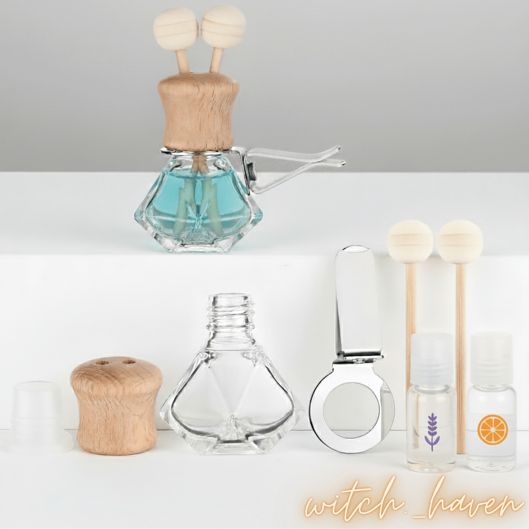 Witchhaven, Dominika Marx, Diamant Duftdiffusor Auto aus Glas mit Holzkappe, Aroma-Set mit Metallklammer und Duftölen, spiritueller Autoduft, energetisch gereinigter Diffusor für ätherische Öle
