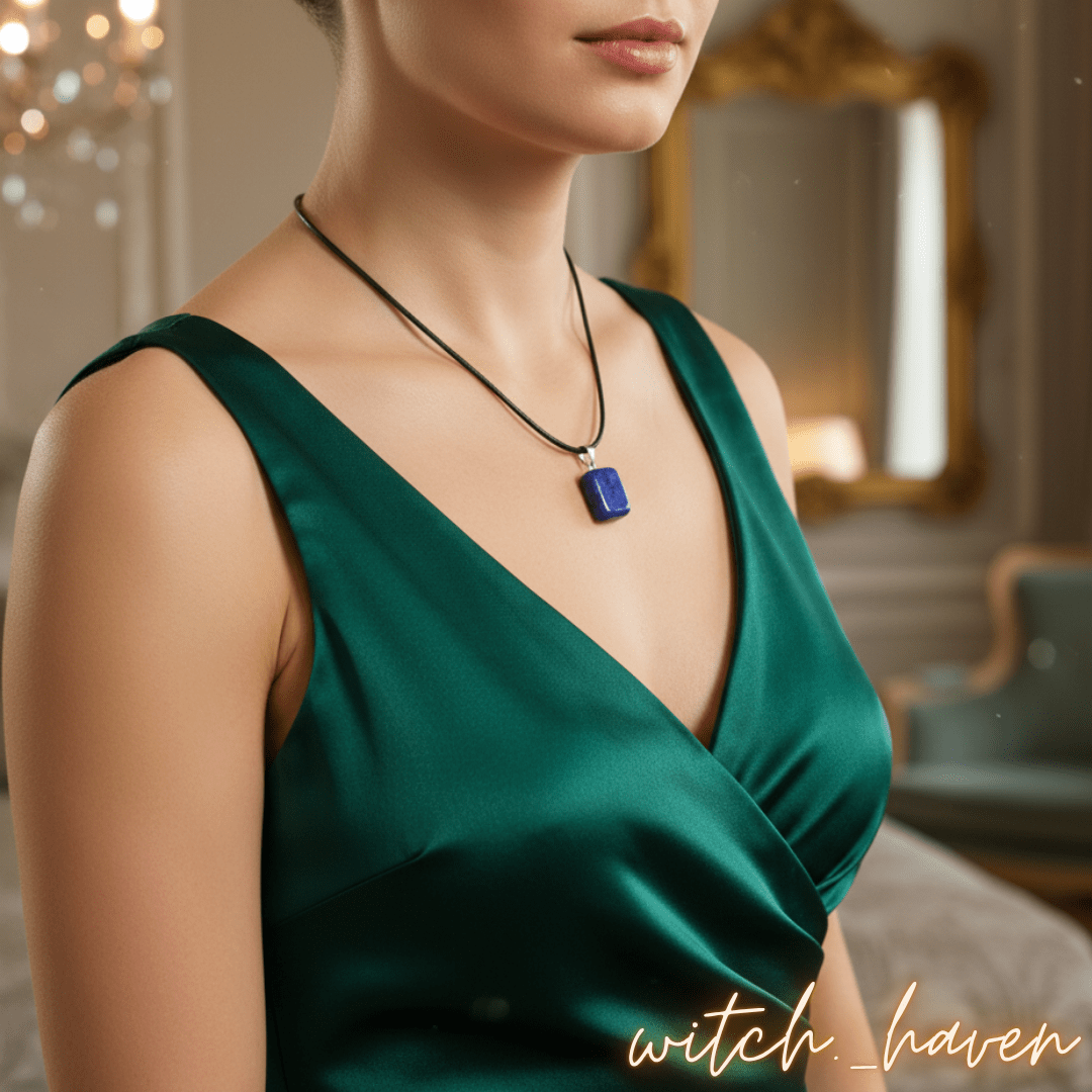 Witchhaven, Dominika Marx, Lapislazuli Anhänger mit Halskette, tiefblauer Naturstein mit Pyrit, spiritueller Schmuck für das Dritte Auge, energetisch gereinigter Heilstein, Geschenk für Weisheit und Schutz