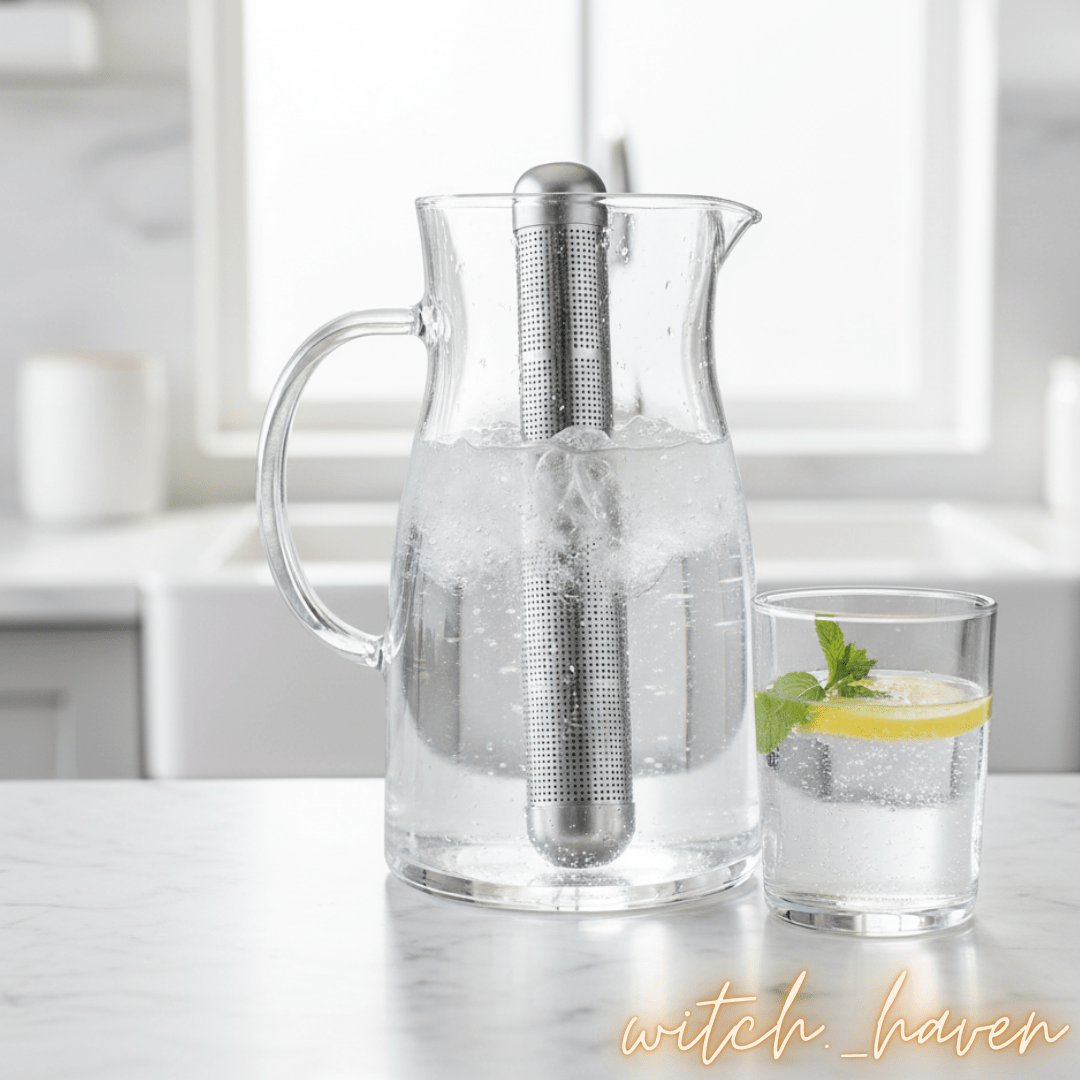 Witchhaven, Dominika Marx, Alkaline Wasser Stick aus Edelstahl mit Turmalin und Mineralsteinen, energetische Wasserbelebung für unterwegs, spirituelles Werkzeug für Vitalität und Erdung, energetisch gereinigter Wasserfilterstab