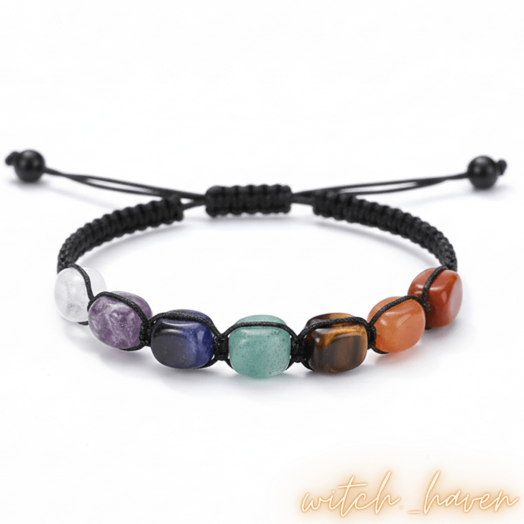 Witchhaven, Dominika Marx, handgefertigtes Chakra Armband mit 7 Heilsteinen, verstellbares Naturstein Armband für Reiki und Meditation, spiritueller Schmuck für Energiebalance, energetisch gereinigtes Heilstein Armband