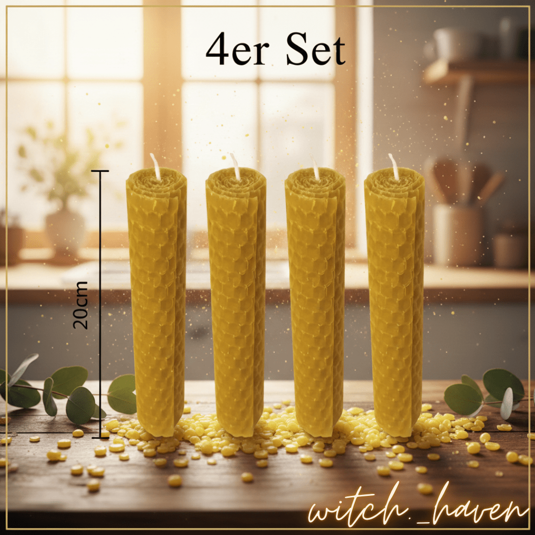 Witchhaven, Dominika Marx, handgefertigte Bienenwachskerzen im 4er Set, gerollte Wabenkerzen aus Bio Bienenwachs, natürlicher Honigduft für Meditation, energetisch gereinigte Naturkerzen