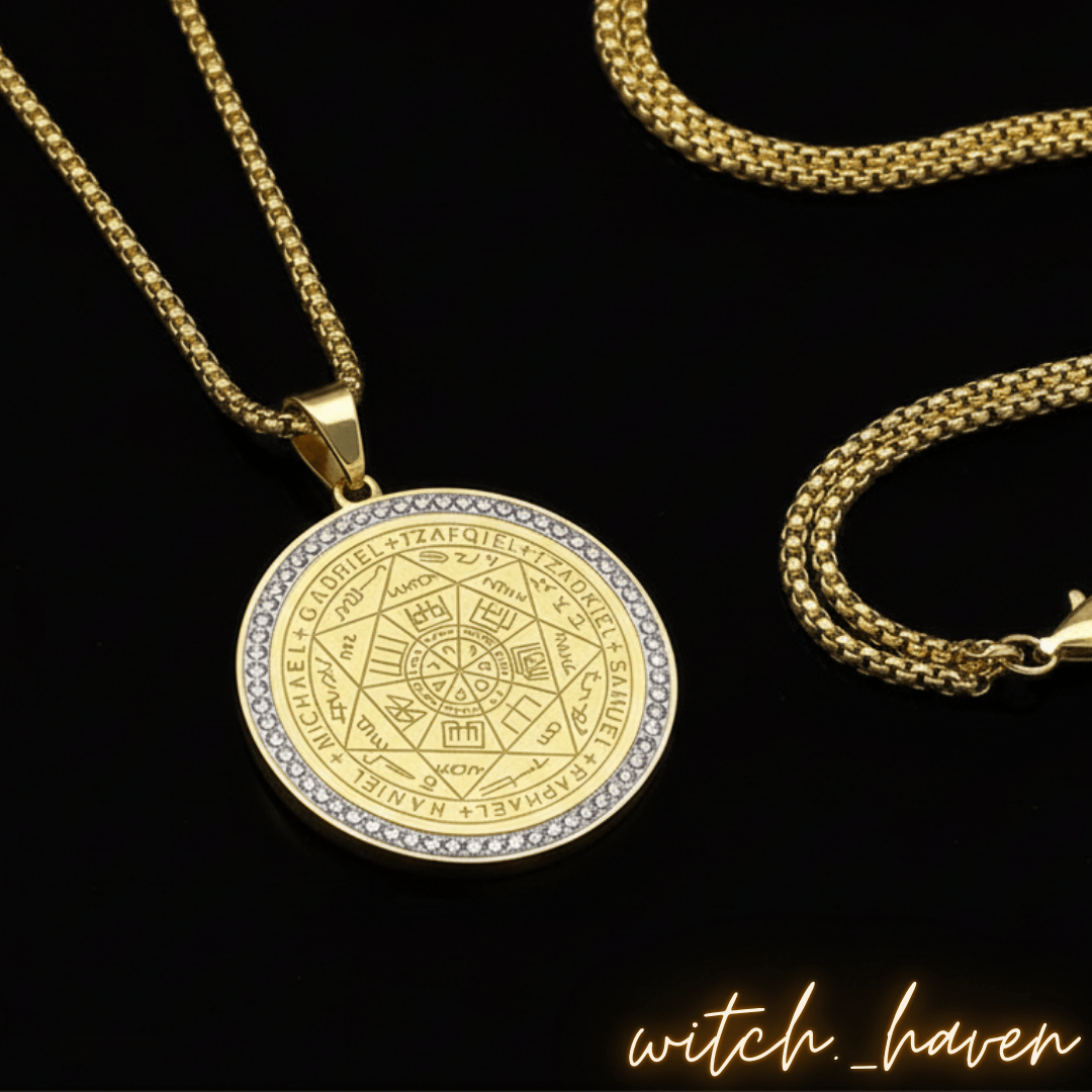 Witchhaven, Dominika Marx, Sieben Erzengel Medaille aus goldenem Edelstahl, Halskette mit Salomos Siegel und Zirkonia, spiritueller Schutzschmuck mit Erzengel Namen, energetisch gereinigtes Erzengel Amulett