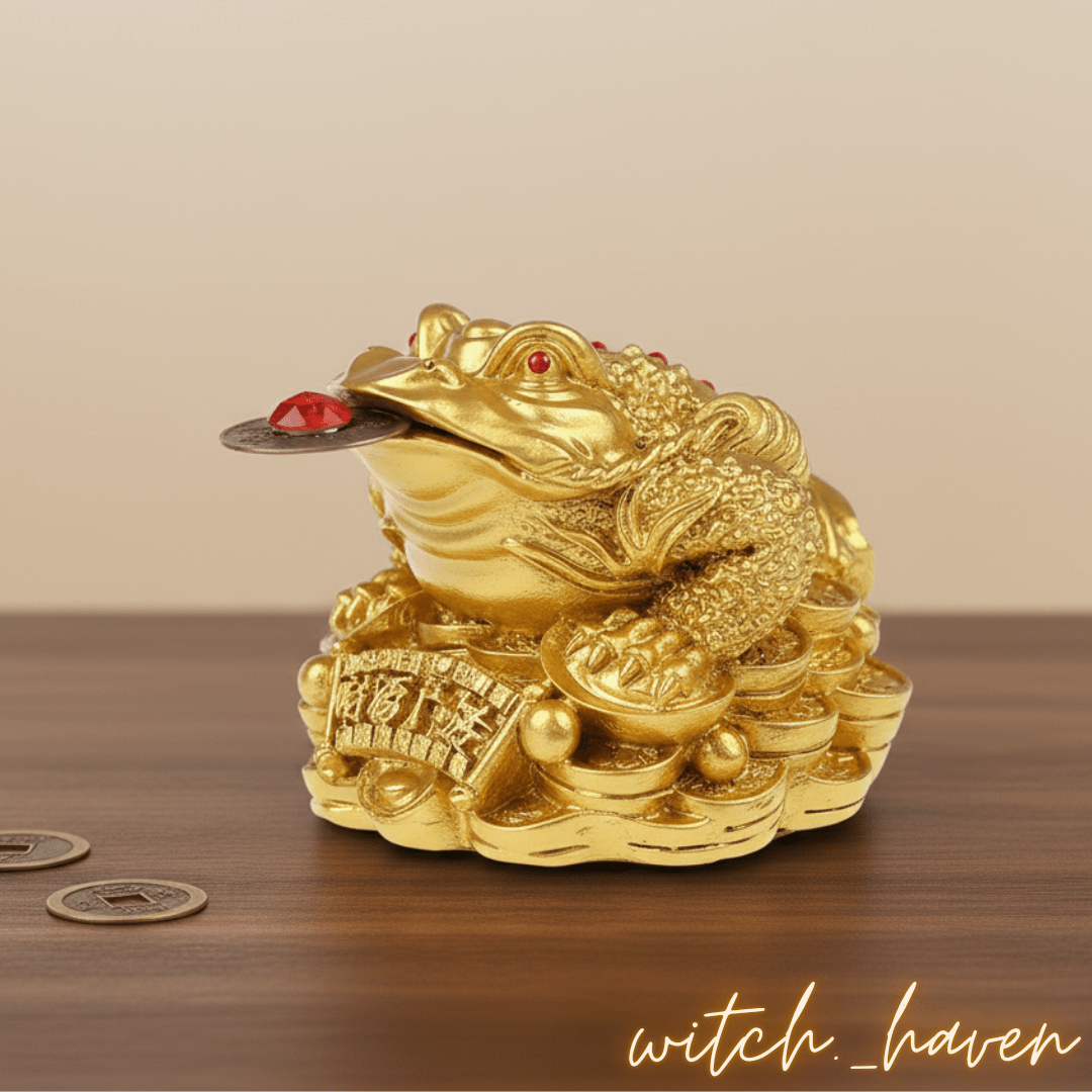 Witchhaven, Dominika Marx, goldene Feng Shui Geldkröte auf einem Haufen Goldmünzen mit roter Verzierung, dreibeiniger Geldfrosch mit chinesischer Münze im Maul, spiritueller Glücksbringer für Wohlstand und Reichtum, energetisch gereinigte Chan Chu Figur