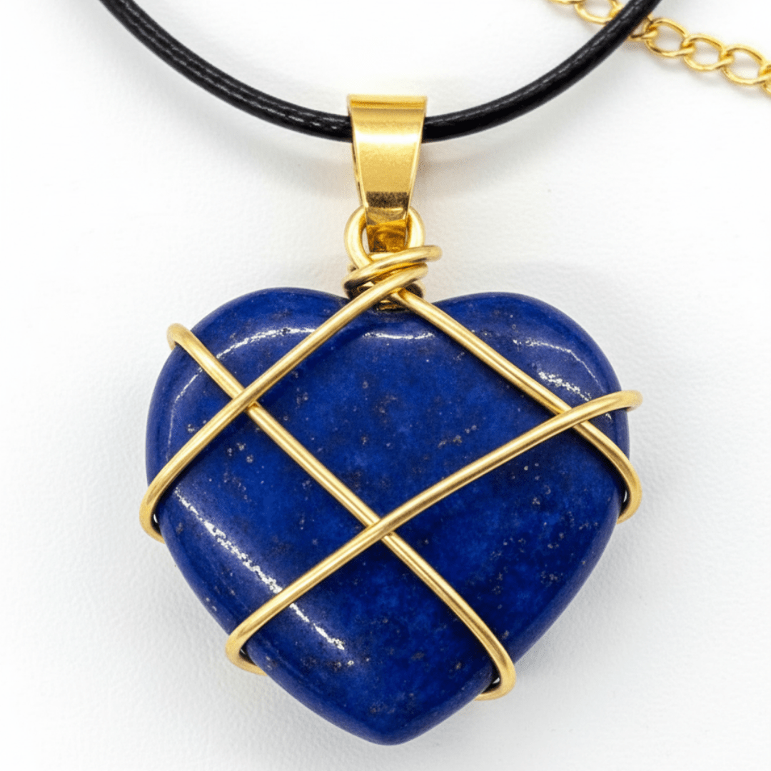 Witchhaven, Dominika Marx, handgefertigte Lapislazuli Herz Halskette mit goldener Drahtwicklung, tiefblauer Naturstein Anhänger für Weisheit und Selbstvertrauen, spiritueller Schmuck energetisch gereinigt, Herzanhänger aus Lapislazuli an goldfarbener Kette