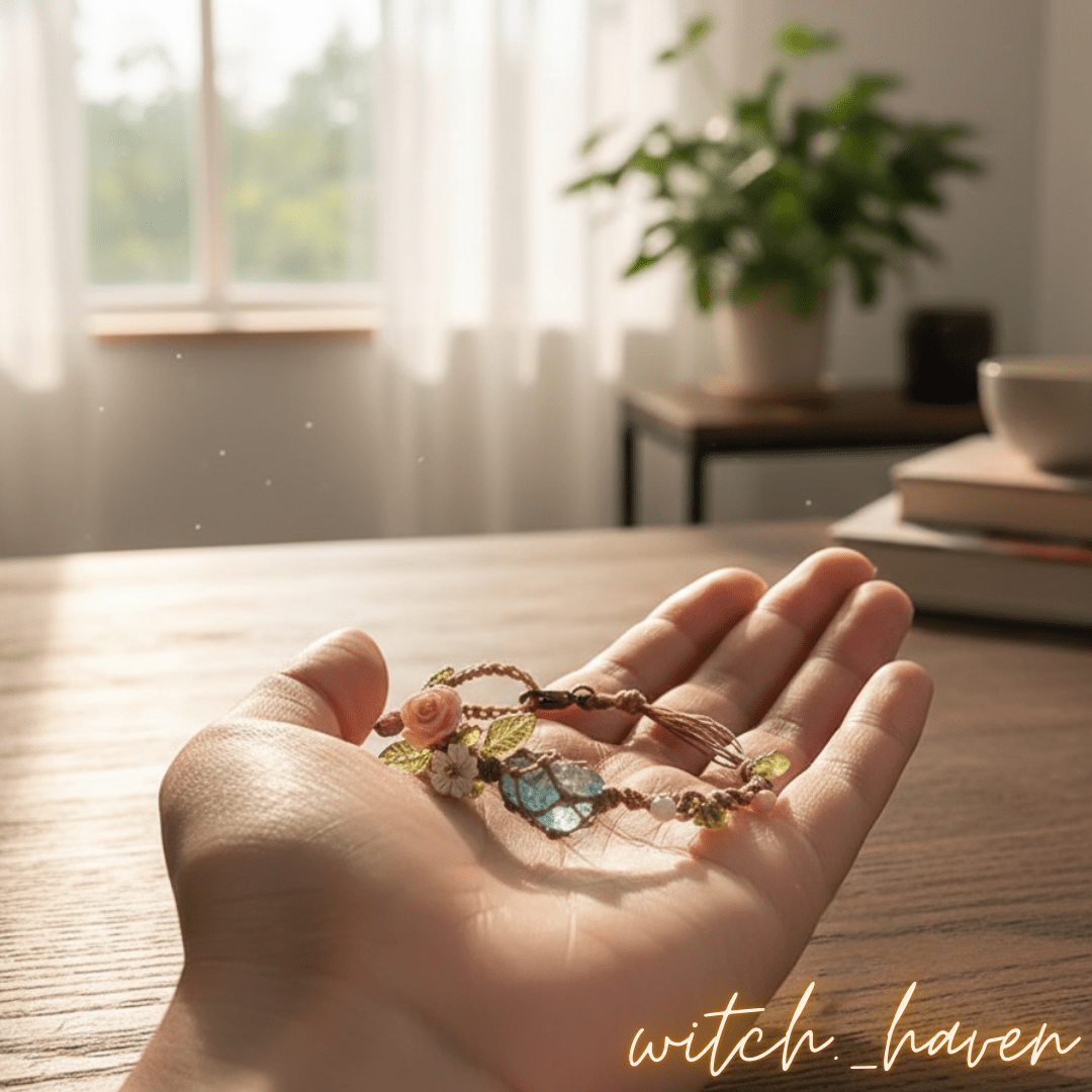 Witchhaven, Dominika Marx, handgewebtes blaues Armband Ozean Magie mit echtem Bergkristall, spiritueller Schmuck mit Blütenmotiven, energetisch gereinigtes Heilstein Armband für Klarheit und Fokus, handgemachtes Unikat aus Naturfasern