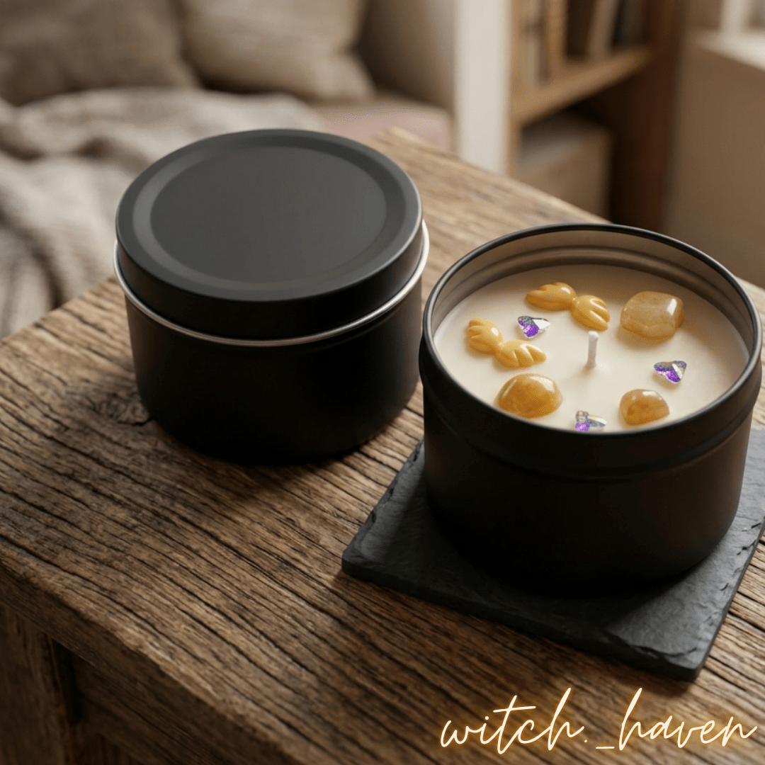 Orange Duftkerze Sojawachs mit echten Zitrin Edelsteinen Dominika Marx, handgemachte schwarze Dose mit fruchtigem Orangenduft, spiritueller Begleiter Raumharmonisierung Witchhaven, handgegossene vegane Kerze Altar Dekoration, rituelles Reinigungsritual Zitrin Edelsteinkerze, Heilsteine für Lebensfreude sowie Optimismus, exklusives Design magische Dekoration orange schwarz