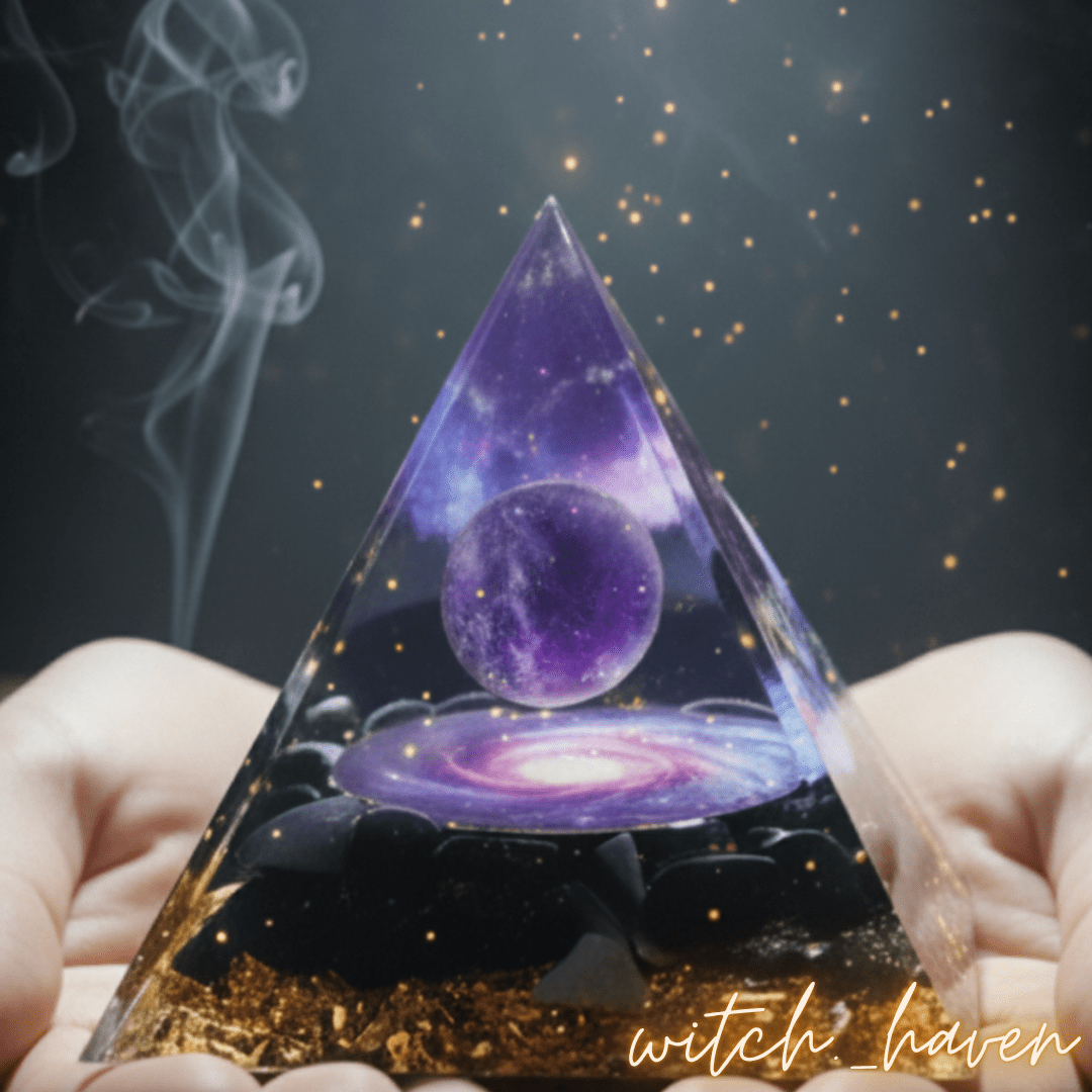 Witchhaven, Dominika Marx, Orgon Pyramide, Amethyst Obsidian Kristall, energetischer Schutz, spirituelle Raumharmonisierung, Orgonit Generator, heilige Geometrie