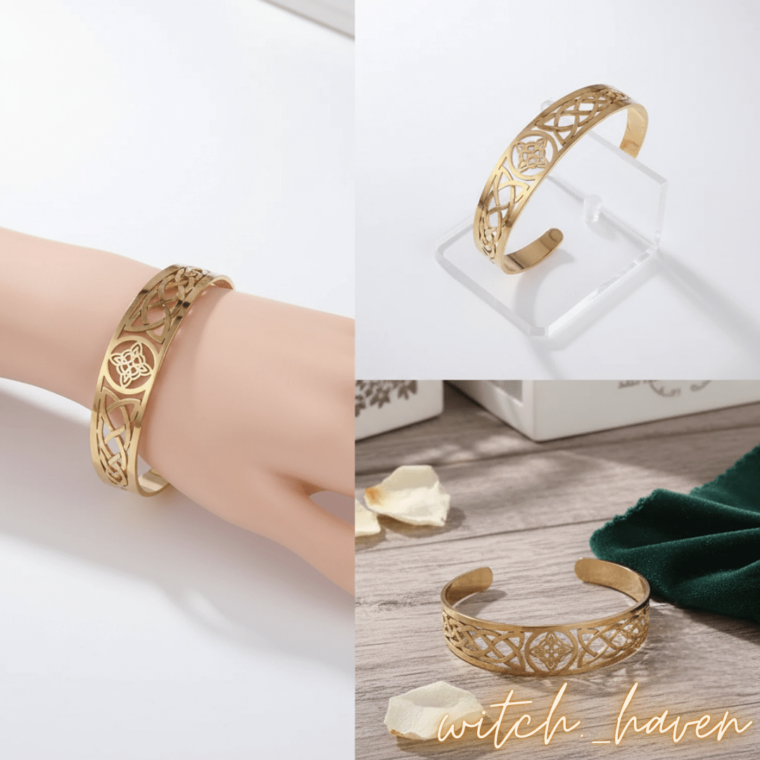 Witchhaven, Dominika Marx, Goldenes Hexenknoten Armband aus Edelstahl, keltischer Schutzarmreif goldfarben, spiritueller Schmuck aus Irland, energetisch gereinigtes Amulett, verstellbares goldenes Cuff Armband