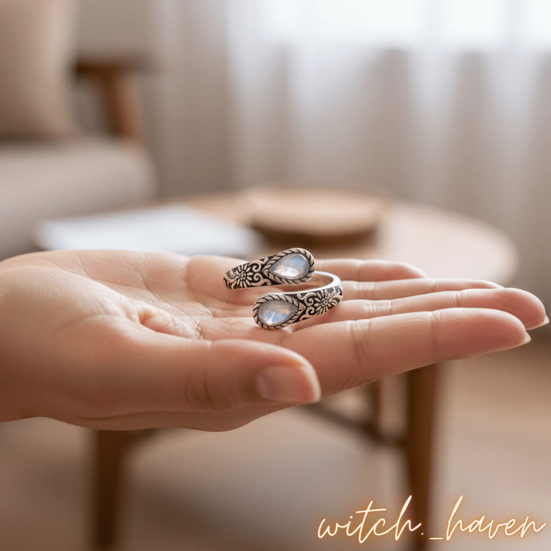 Witchhaven, Dominika Marx, Mondstein Ring 925 Silber, verstellbarer Silberring mit zwei Mondsteinen, Vintage Blütenmuster Schmuck, energetisch gereinigter Edelsteinring, spirituelles Geschenk für Frauen