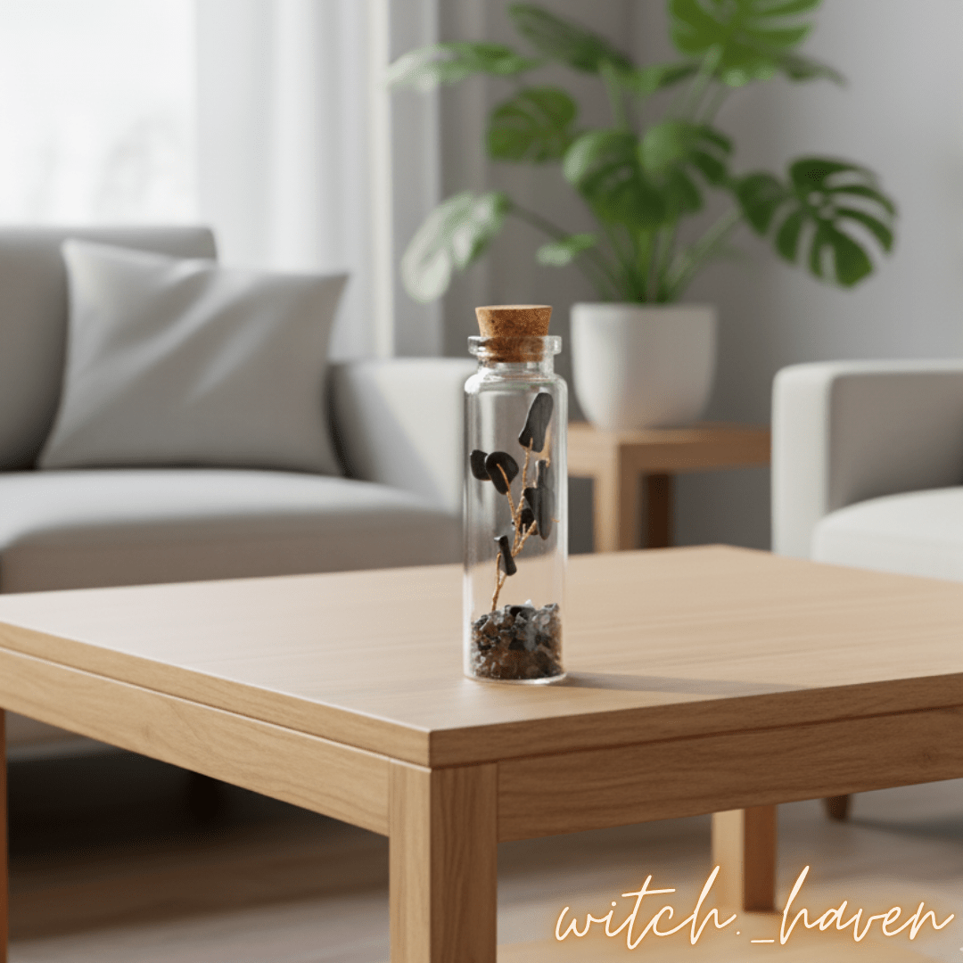 Witchhaven, Dominika Marx, Wunschflasche mit Obsidian und Kupferdrahtbaum, handgefertigte Kristallflasche mit schwarzen Edelsteinen, spirituelles Geschenk für Schutz und Erdung, energetisch gereinigter Obsidian, magische Wunschflasche
