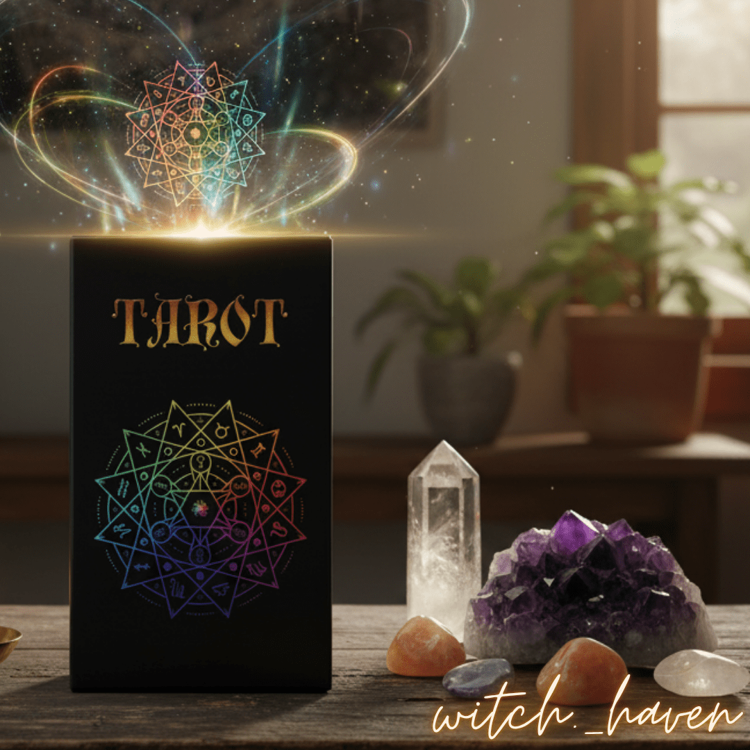 Witchhaven, Dominika Marx, Tarotkarten mit Bedeutungen auf den Karten, 78er Set mit Chakren und Horoskop Symbolen, spirituelles Tarot Deck für Anfänger, energetisch gereinigte Orakelkarten, blaues Kartendesign