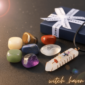 Witchhaven, Dominika Marx, Chakra Edelstein Set, Heilsteine Set mit Anhänger, energetische Reinigung, Bergkristall Amethyst Sodalith Aventurin Citrin Tigerauge Jaspis, spirituelle Balance