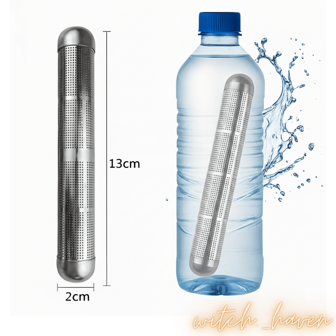 Witchhaven, Dominika Marx, Alkaline Wasser Stick aus Edelstahl mit Turmalin und Mineralsteinen, energetische Wasserbelebung für unterwegs, spirituelles Werkzeug für Vitalität und Erdung, energetisch gereinigter Wasserfilterstab