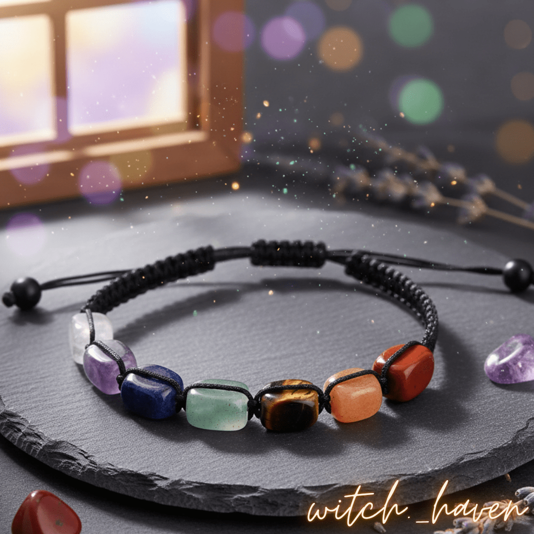 Witchhaven, Dominika Marx, handgefertigtes Chakra Armband mit 7 Heilsteinen, verstellbares Naturstein Armband für Reiki und Meditation, spiritueller Schmuck für Energiebalance, energetisch gereinigtes Heilstein Armband