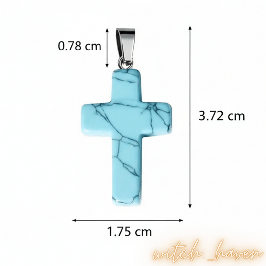 Witchhaven, Dominika Marx, Türkis Kreuz Anhänger aus Naturstein, blaue Edelstein Halskette mit Kreuzsymbol, spiritueller Schutzschmuck, energetisch gereinigter Türkis Schmuck