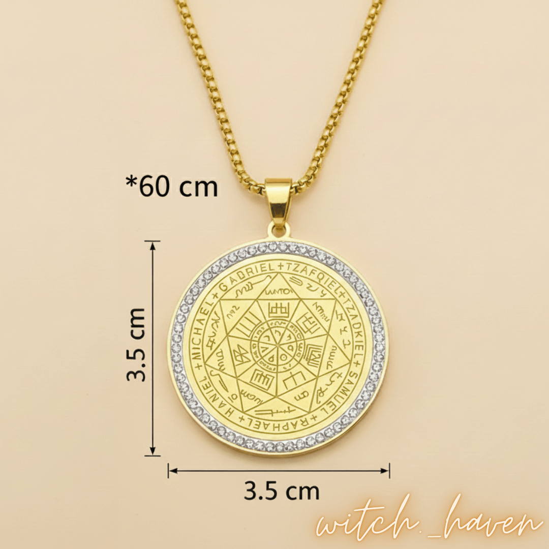 Witchhaven, Dominika Marx, Sieben Erzengel Medaille aus goldenem Edelstahl, Halskette mit Salomos Siegel und Zirkonia, spiritueller Schutzschmuck mit Erzengel Namen, energetisch gereinigtes Erzengel Amulett