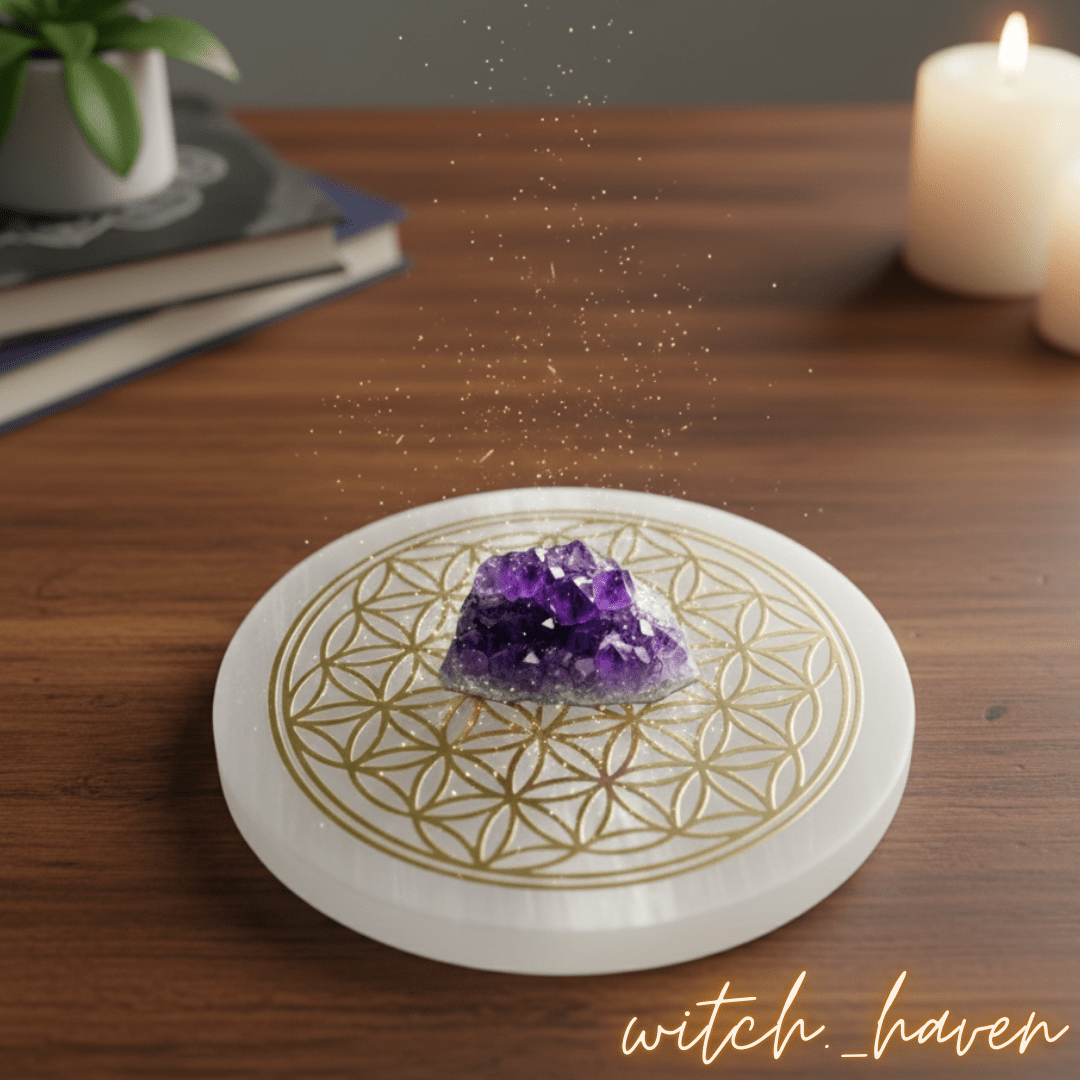 Witchhaven, Dominika Marx, runde Selenit Ladeplatte mit goldener Blume des Lebens Gravur, polierter Selenitstein zur Reinigung und Aufladung von Kristallen, spirituelles Zubehör für Altar und Meditation, energetisch gereinigter Selenit