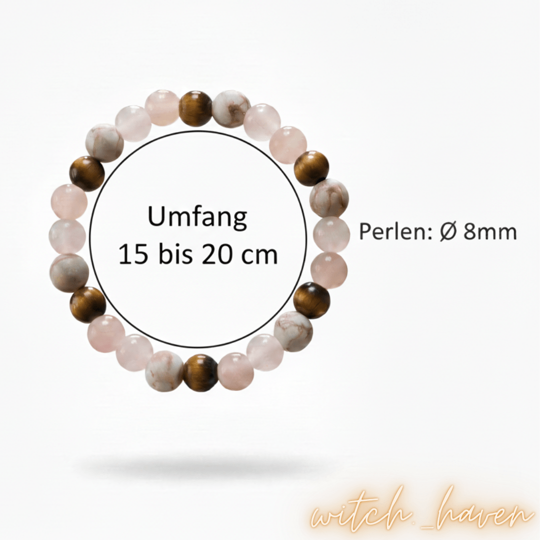 Witchhaven, Dominika Marx, handgefertigtes Anti Angst Armband aus Tigerauge Rosenquarz und Magnesit Perlen, spiritueller Schmuck für mentale Balance und Schutz, energetisch gereinigtes Edelstein Armband gegen innere Unruhe, elastisches Unikat für Zuversicht