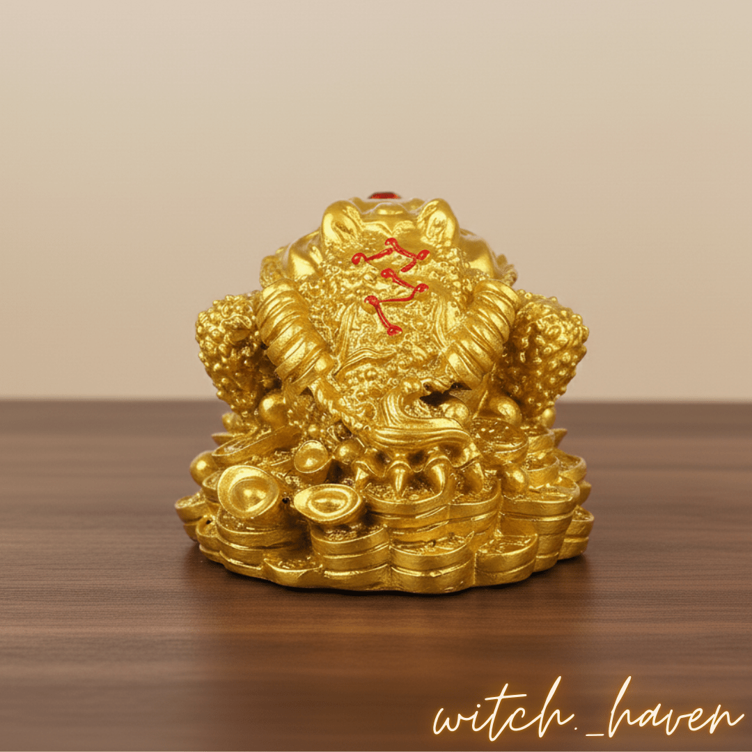 Witchhaven, Dominika Marx, goldene Feng Shui Geldkröte auf einem Haufen Goldmünzen mit roter Verzierung, dreibeiniger Geldfrosch mit chinesischer Münze im Maul, spiritueller Glücksbringer für Wohlstand und Reichtum, energetisch gereinigte Chan Chu Figur