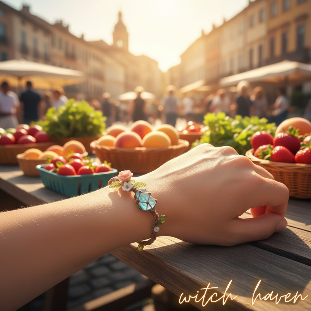 Witchhaven, Dominika Marx, handgewebtes blaues Armband Ozean Magie mit echtem Bergkristall, spiritueller Schmuck mit Blütenmotiven, energetisch gereinigtes Heilstein Armband für Klarheit und Fokus, handgemachtes Unikat aus Naturfasern