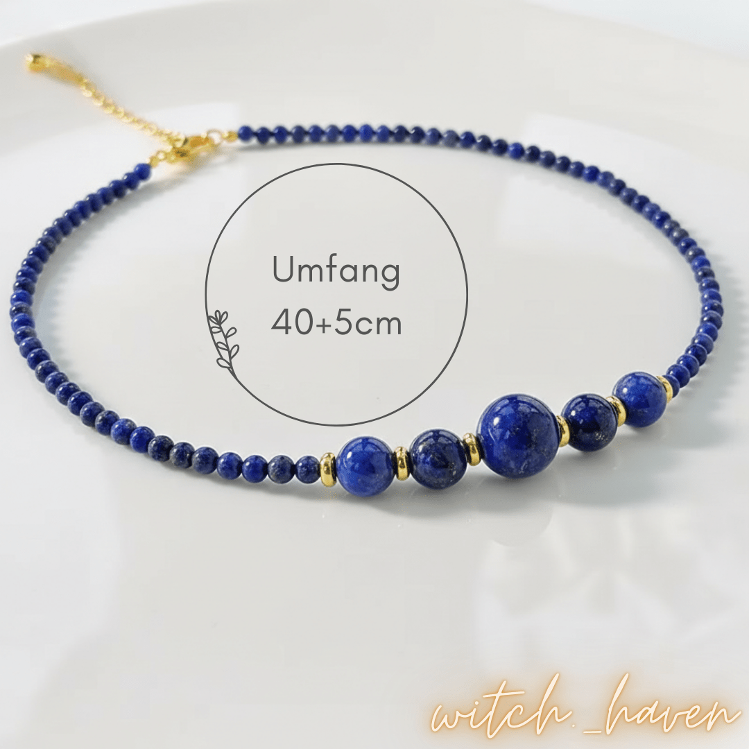 Witchhaven, Dominika Marx, exklusives Lapislazuli Collier aus tiefblauen chilenischen Natursteinen, handverlesenes Fundstück von der Côte d'Azur, spiritueller Schmuck ohne Metall für Klarheit und Fokus, energetisch gereinigtes Edelstein Collier