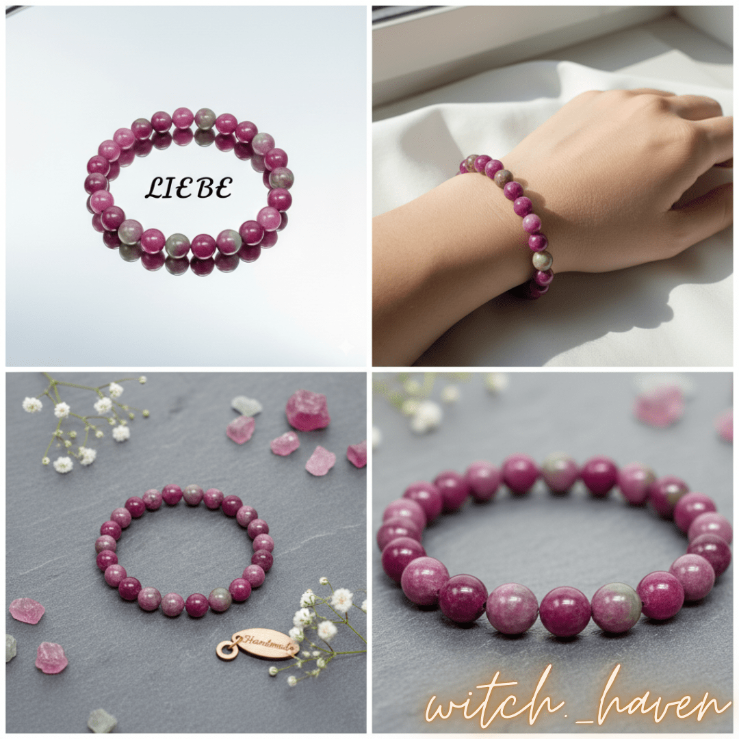 Witchhaven, Dominika Marx, selbstgemachtes Pink Turmalin Armband aus 8 mm großen rosa Naturstein Perlen, spiritueller Schmuck für das Herz Chakra und emotionale Heilung, energetisch gereinigtes Edelstein Armband auf elastischem Band, toskanisches Design